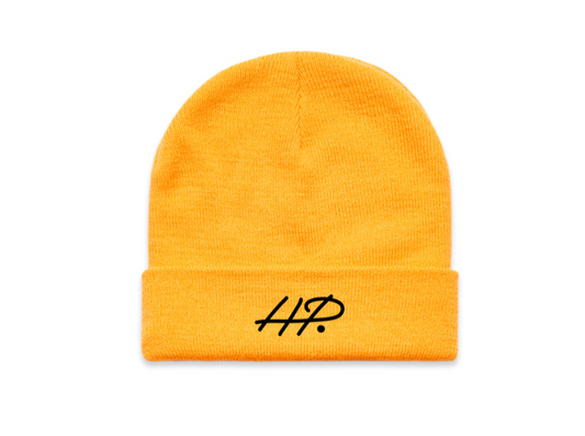 gold beanie with black embroidered HP logo on front