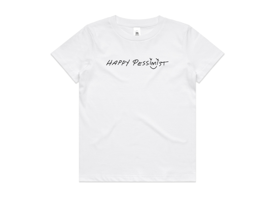 kids white tshirt with Happy Pessimist OG print on front