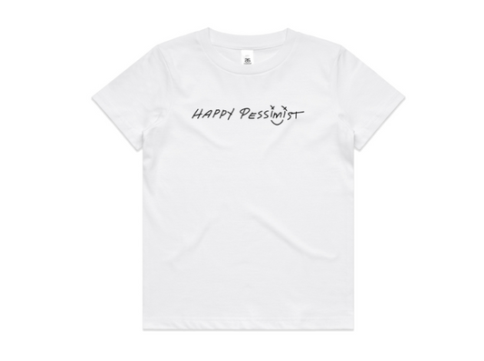 kids white tshirt with Happy Pessimist OG print on front