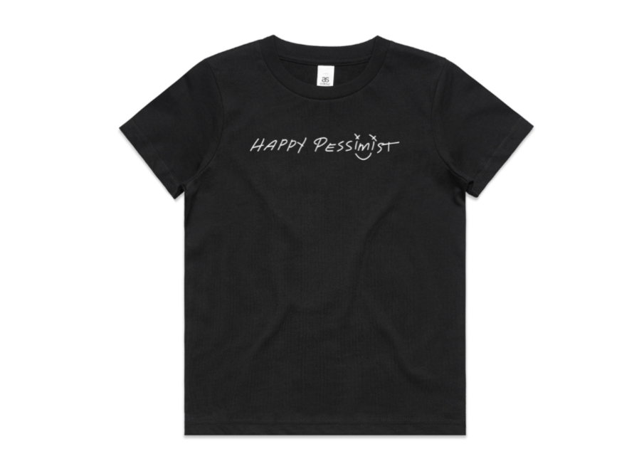Black kids tee with Happy Pessimist on the front