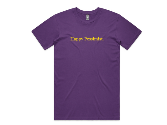 Purple tee with gold Happy Pessimist text on the front